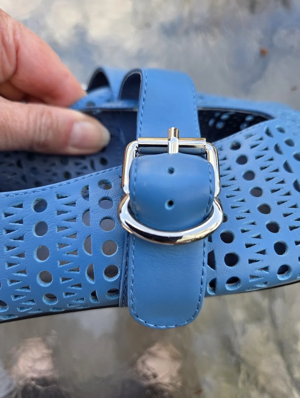 Jeffrey Campbell Blue Perforated Laser Cut Mary Ballet Jane Flats Buckle Strap - Picture 4 of 9